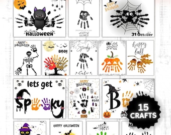 May include: A collection of 15 Halloween-themed handprint crafts. The designs include a black cat, spider, skeleton, pumpkin, and witch. The text includes "Happy Halloween", "Spooky", and "Instant Download". The printable size is 8.5x11 inches.