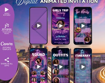 Digital Girls Trip Animated Itinerary Template, Travel Itinerary, Editable Birthday Weekend Invitation, Party Itinerary, Digital Schedule