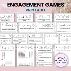 Könnte beinhalten: Druckbare Verlobungs-Spiele in Schwarzweiß. Die Spiele beinhalten "Word Builder", "Quick Think", "Date Night", "Best Advice", "Who am I", "How many", "Bucket List", "Remember When", "Guest Bingo", "Riddle me this", "Would you rather", "Tic Tac Toe", "Emoji Game", "Wedding Shoe Game", "Roll and Share" und "Emoji Game".