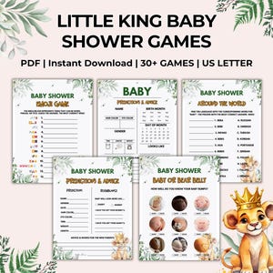 May include: A set of printable baby shower games featuring a jungle theme with a lion cub illustration. The games include "Baby Emoji Game", "Baby Predictions & Advice", "Baby Shower Around the World", and "Baby or Bear Belly".