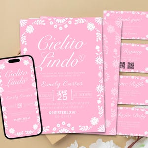 Editable Cielito Lindo Baby Shower Invite, Cielito Lindo Invitation Set, Mexican Baby Shower Invitation, Papel Picado Invite, Pink Talavera