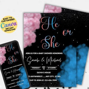 Gender Reveal Invitation Template, He or She Gender Reveal Invite, Pink Blue Smoke, Baby Annnoucement Invitation, Boy or Girl Invite
