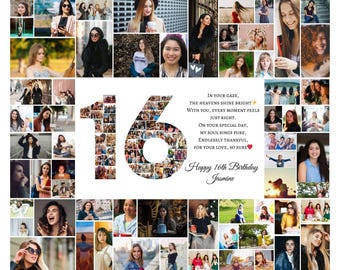 May include: A photo collage in the shape of the number 16, made up of smaller photos of a person. The collage is surrounded by a white background with a birthday message that reads "In your gaze, the heavens shine bright with you, every moment feels just right. On your special day, my soul sings pure, endlessly thankful for your love, so sure. Happy 16th Birthday Jasmine."