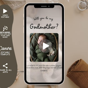 Modelo de vídeo de proposta editável para você ser minha madrinha, cartão de proposta de padrinho com foto para impressão, proposta de batismo moderna, proposta de madrinha