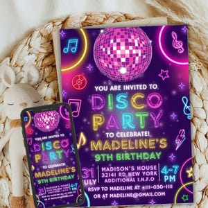 Editable Disco Party Birthday Invitation, Disco Gender Neutral Invites, Dance Party Template, Neon Party Invites Editable Glow Party