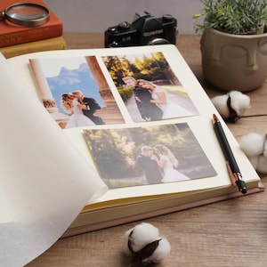 Personalized Clasic Photo Album, Almond Velvet Cover with Laser Engraving and Glassine Paper - Elegant Almond Velvet with Gold Accents