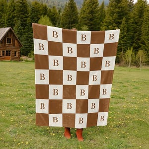 Custom Initial Name Blanket, Personalized Plush Throw, Letter Monogram Blanket,Checkered Custom Blanket, Couch Present Minky Blanket