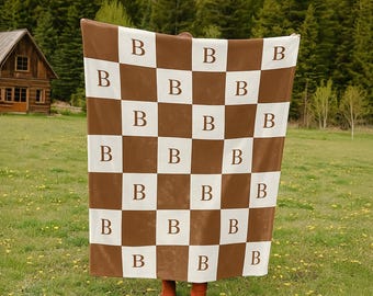 Custom Initial Name Blanket, Personalized Plush Throw, Letter Monogram Blanket,Checkered Custom Blanket, Couch Present Minky Blanket