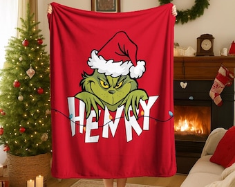 Custom Name Grinchy Blanket, Cartoon Blanket For Boy and Girl, Green Christmas Tree Inflated Blanket, Greench Funny Throw