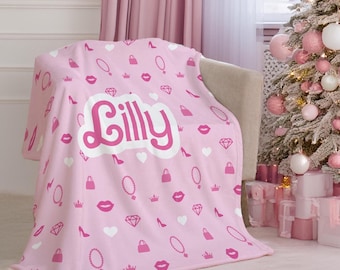 Custom Doll Logo Name Blanket, Custom Kids Name Blanket, Doll Themed Party Merch, Birthday Gift for Kids, Christmas Gift, Pink Blanket