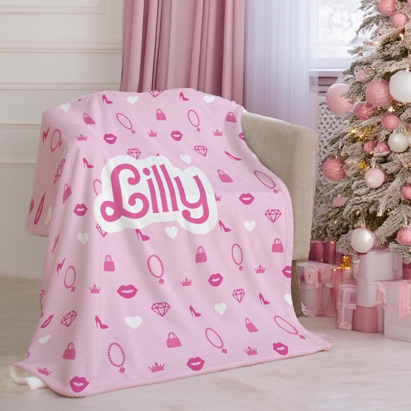 Custom Doll Logo Name Blanket, Custom Kids Name Blanket, Doll Themed Party Merch, Birthday Gift for Kids, Christmas Gift, Pink Blanket