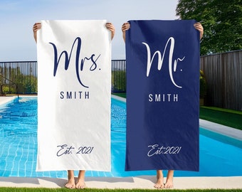Personalized Couple Beach Towel: Mr. and Mrs. Newlywed Gift