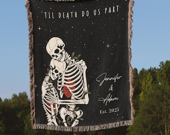 Custom Couple Skeleton Woven Blanket, Halloween Skeleton Blanket, Spooky Goth Wedding Gift, Custom Gothic Anniversary Blanket