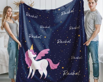 Personalized Unicorn Blanket: Rainbow Name Throw, Kids Gift