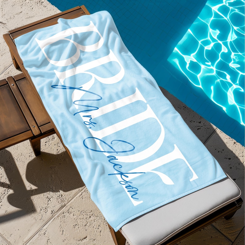 Bay blue adult size Personalized Bride Beach Towels, Bride Custom Beach Towel, Custom Vacation Gift, Honeymoon/Bachelorette Trip, Bridal Shower Gift