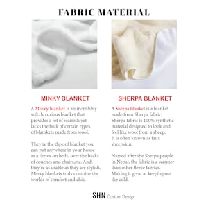 May include: A comparison of two types of blankets: Minky and Sherpa. The Minky blanket is described as incredibly soft and luxurious, while the Sherpa blanket is made from 100% synthetic material designed to look and feel like wool.