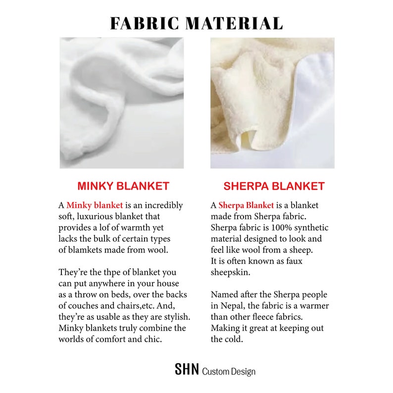 May include: A comparison of two types of blankets: Minky and Sherpa. The Minky blanket is described as incredibly soft and luxurious, while the Sherpa blanket is made from 100% synthetic material designed to look and feel like wool.