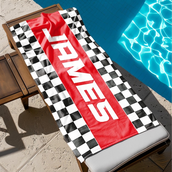 Personalized Checkered Flag Beach Towel, Custom Motorsport Gift, Personalized Racing Towel, Motorsport Lovers, Race Track Inspired Towel