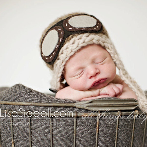 baby pilot hat // newborn photo prop // multiple sizes // aviator hat with goggles // aviator baby hat // chin strap // brown pilot beanie