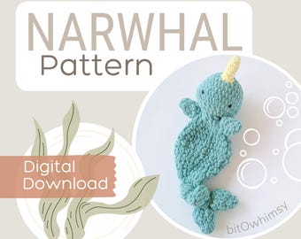 Narwhal Crochet Pattern Whale Lovey Digital Download Crochet Narwhal Snuggler DIY Low Sew Pattern