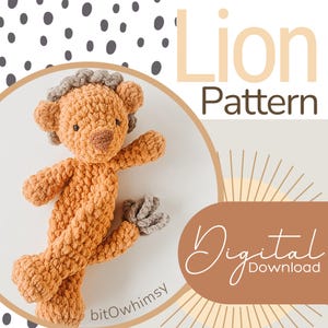 May include: A crocheted lion toy in shades of orange and gray. The lion has a textured body, a gray mane, and is posed with one paw raised. The image includes the text "Lion Pattern" and "Digital Download".