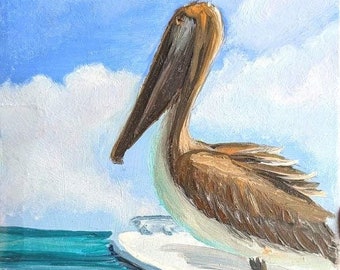 Pelican on Rescue Boat: Seascape Oil Painting