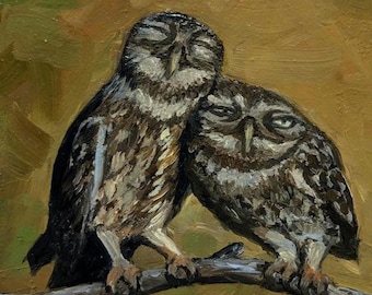 Búho, pintura al óleo, regalo, miniatura, pintura, lienzo