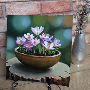 Flores de azafrán. Pintura al óleo original sobre cartón imprimado. Un regalo maravilloso para mamá o novia. Tamaño 16,5 x 17 cm.