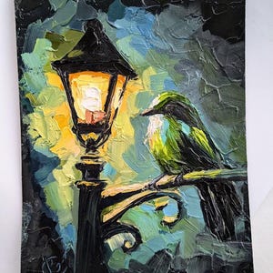lâmpada de rua, pássaro, noite, pintura a óleo, miniatura, pintura original, arte moderna, grandes traços, presente de feriado