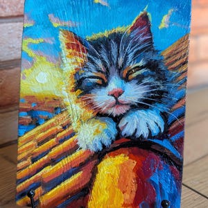 Chat sur le toit. Peinture originale à l'huile, empâtement, miniature.