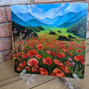 Amapolas. Pintura al óleo, obra original. Un regalo maravilloso para alegrar el día. Tamaño: 17,5 x 17,5 cm.