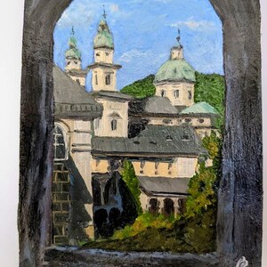 Paisajes de Salzburgo, pintura al óleo sobre cartón imprimado, tamaño 8,3 x 6,2 pulgadas, pieza única.