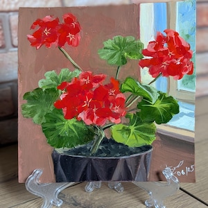 Pelargonium-bloem. Origineel olieverfschilderij, op gegrond karton. Een prachtig cadeau voor moeder of vriendin. Maat 17*17 cm.