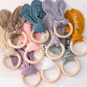 Montessori Bunny Ear Teether, Beechwood Ring, Personalized Baby Teething Toy, Safe Natural Wood Teether, Newborn Baby Gift