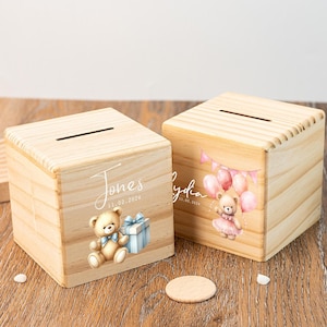 Custom Baby Money Box,Bear Piggy Bank, Wooden Money Box, Children Money Box with Name, Customized Piggy Bank, Baptism Gift, Gift for Kids