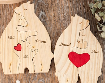 Houten beer familiepuzzel, aangepaste beer beeldjes, gepersonaliseerde houten dierenpuzzel, familiehuisdecoratie, cadeau voor opa papa, kindercadeau
