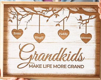 Personalized Grandchildren Photo Sign: Wooden Family Name Plaque, Custom Canvas Gift for Grandpa, Perfect Father's Day Gift