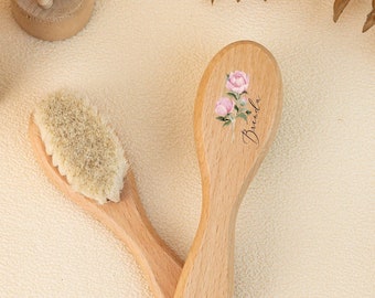 Custom Birthflower Baby Hairbrush, Personalised Name Baby Brush, New Baby Gift, Baby Shower Gift, Baby Full Moon Gift, Baby Keepsake Gift