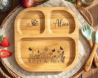 Personalisierter Kinderteller aus Bambus, graviert mit Name mit süßen Motiven, Babyteller as Geschenk, Geschenk für Baby & Kleinkind