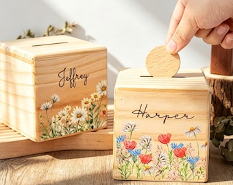 Hucha de madera personalizada con nombre y flor, caja de monedas con diseño de flores silvestres, regalo sentimental de cumpleaños o Navidad para niña.