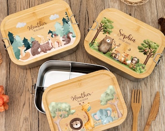 Lonchera de acero inoxidable personalizada con nombre, lonchera para niño y niña, lonchera con tapa de madera, regalo de regreso a clases, regalo de cumpleaños infantil