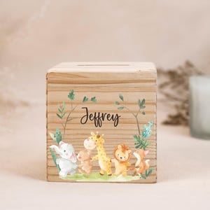 Personalized wooden children&#39;s money box, Custom wooden animal piggy bank with name, Birthday gifts for baby kids, Gift for baptism & birth
