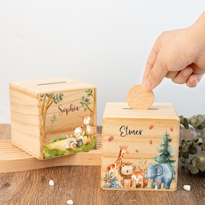 Custom baby piggy bank, Personalized money box children&#39;s wood colorfully printed - gift for school enrollment - gift birthday - baby gift