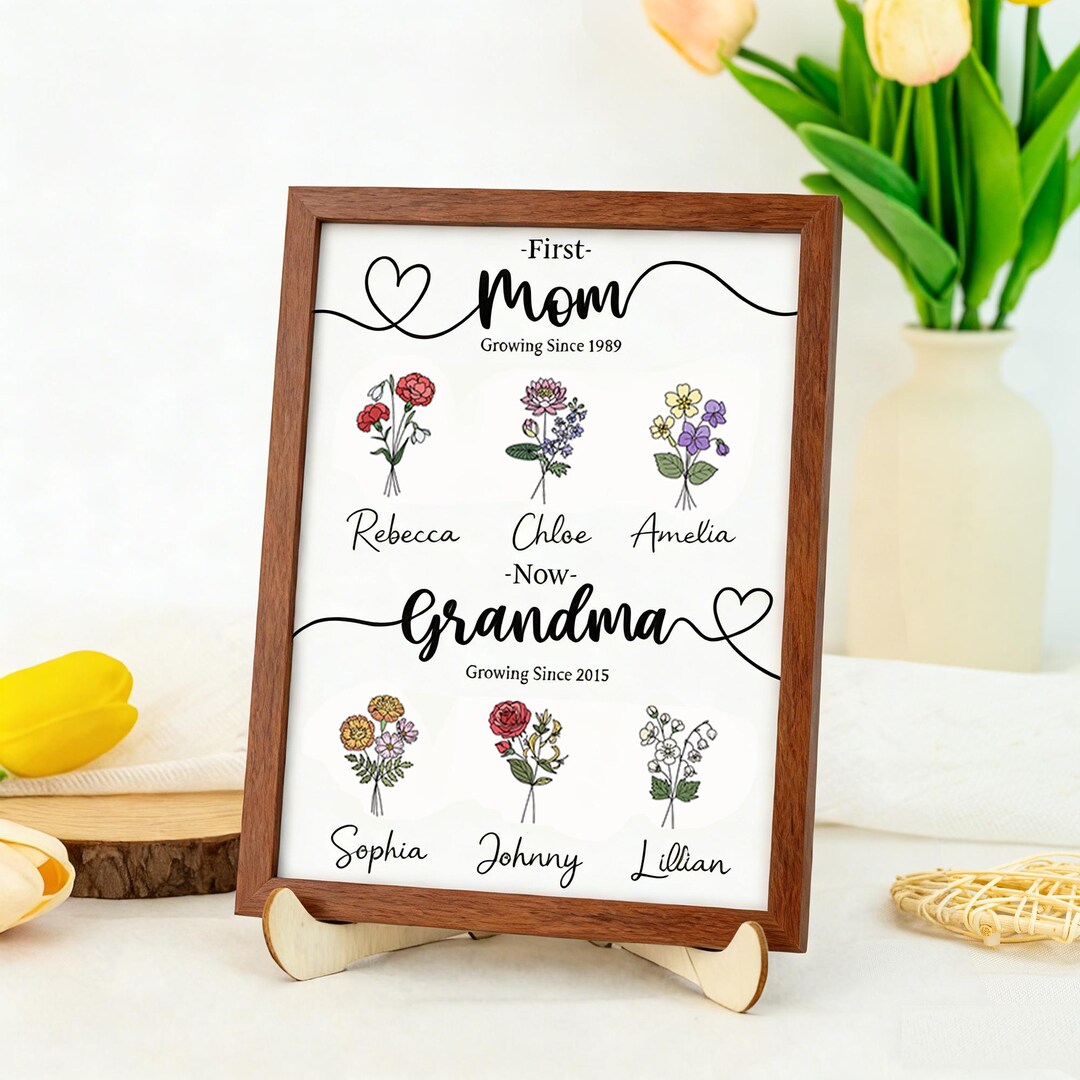 First Mom Now Grandma Personalized Wooden Sign With Stand | Birth Month ...