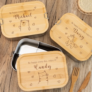 Personalisierte Lunchbox mit Namen, Benutzerdefinierte Lunchbox für Kinder, Edelstahl Brot Box, Snackbox mit Holzdeckel,Nahrungsbehälter,Kindergarten