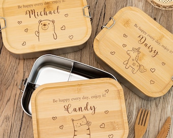 Personalized Stainless Steel Lunch Box: Wooden Lid, Custom Name, Kids Kindergarten Snack Storage Box, Farmhouse Kitchen Organizer