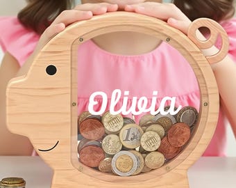 Gepersonaliseerde groot houten kindervarkensspaarpot, houten cadeau voor kinderen, aangepaste naam muntbank, houten spaarvarken spaarpot verjaardag, kerstcadeaus