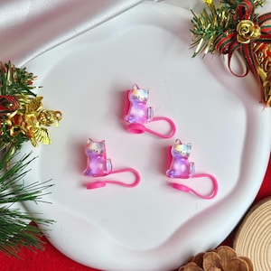 Adorno para pajita Stanley con forma de gato rosa brillante / Adorno para pajita Stanley con forma de gato de dibujos animados lindo / Adorno para pajita Stanley con forma de gato con purpurina / Accesorios navideños Stanley