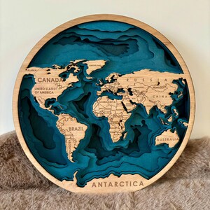 3D Houten Wereldkaart, Blauwe vijf meerlagige wereldkaart, Antarctica, handgemaakt interieur of cadeau,