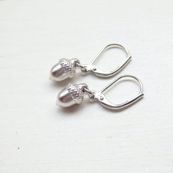 Silver Acorn Earrings - Minimalist Dainty Dangle Drop Earrings - Unique Handmade Canada Birthday Gift for Her Women - Spring Jewelry
